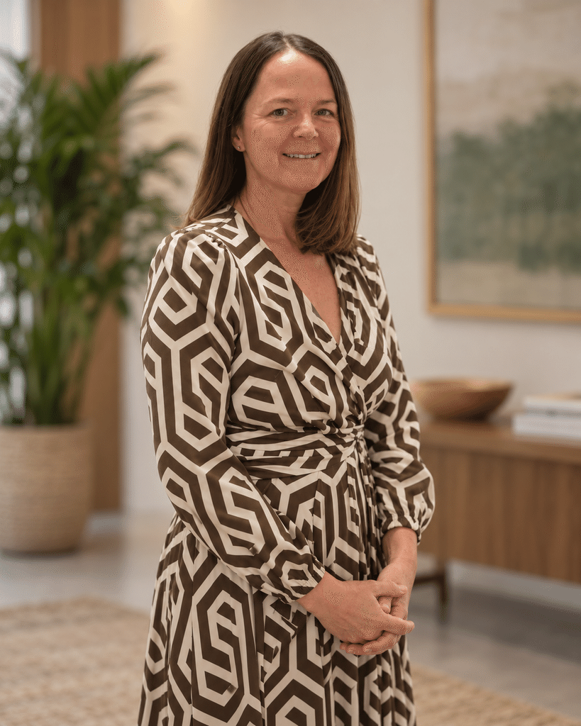 Karen Yeates in a geometric dress.