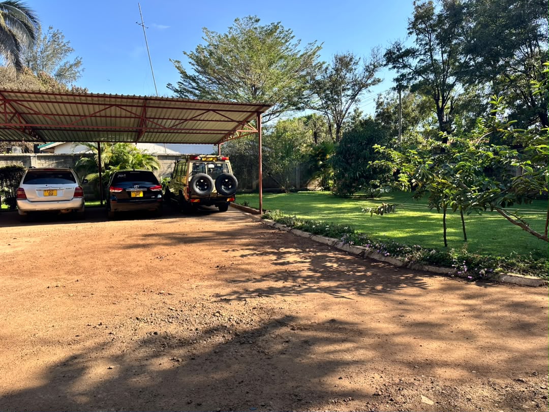 A driveway and covered vehicle parking beside a green garden.